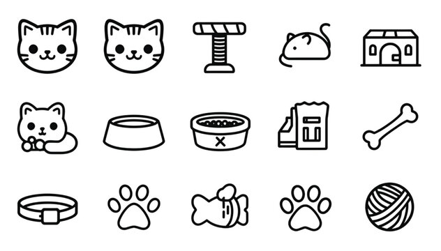 Cat and Pet Care Silhouette Icon Set Vector Illustration, Cute Kitty Collection with Paw Print, Pet Food Bowl, Cat House, Mouse, Yarn Ball and Pet Accessories Isolated on White Background