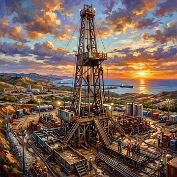 Oil pumpjack at sunset in a vast oil field.