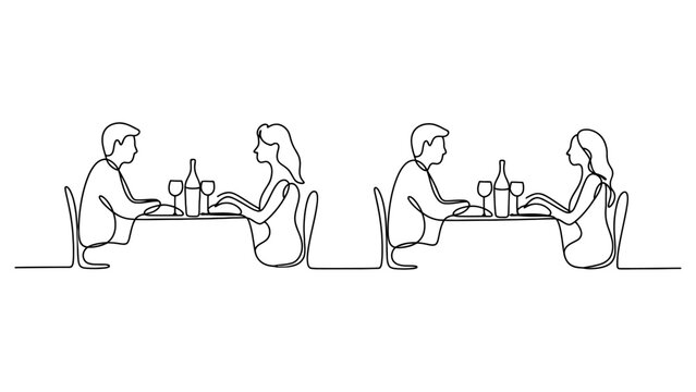 Continuous single line drawing of two couples having a romantic dinner date at a restaurant table with wine glasses and a bottle in black and white