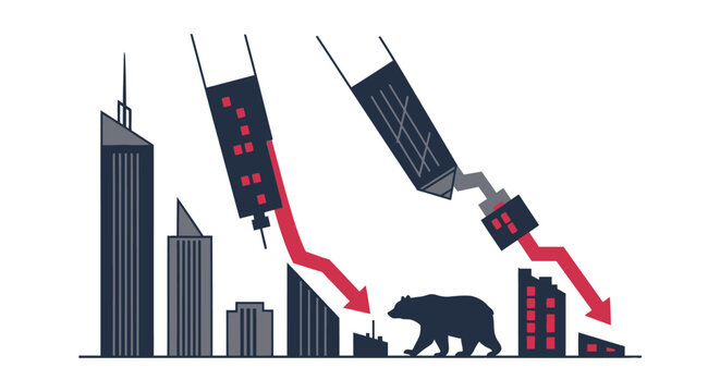 Bear market and economic recession with falling skyscrapers