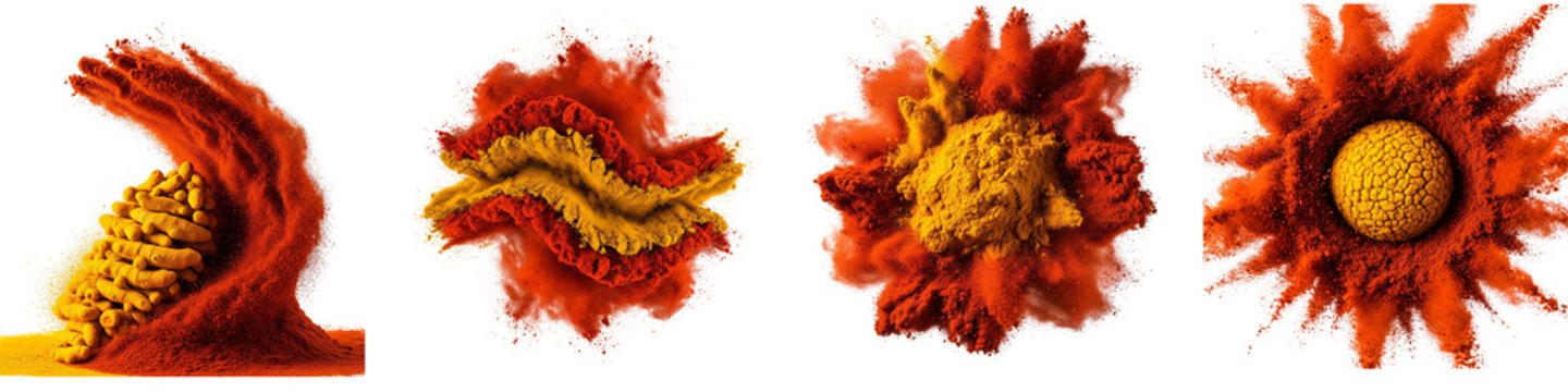 Colorful turmeric and chili powder explosions isolated on black background