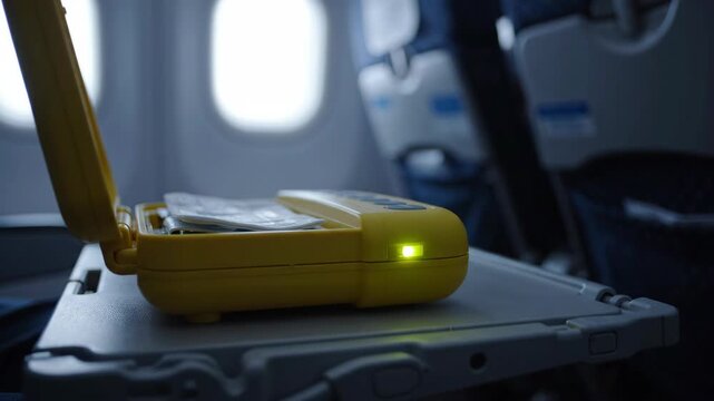 Yellow blinking light emergency medical kit and defibrillator device with safety equipment case airplane tray table near window and seats background