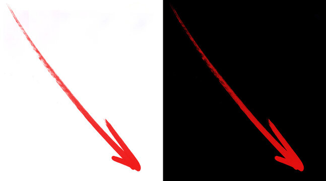 Red hand-drawn arrow pointing down, expressive brush stroke arrow on white and black background, creative marker pointer for business presentations