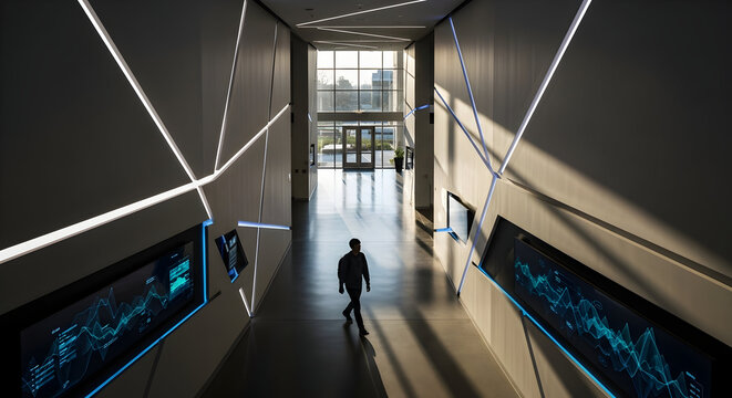 Modern Minimalist Hallway with Geometric Lighting and a Silhouette of a Person in an Urban Building Interior