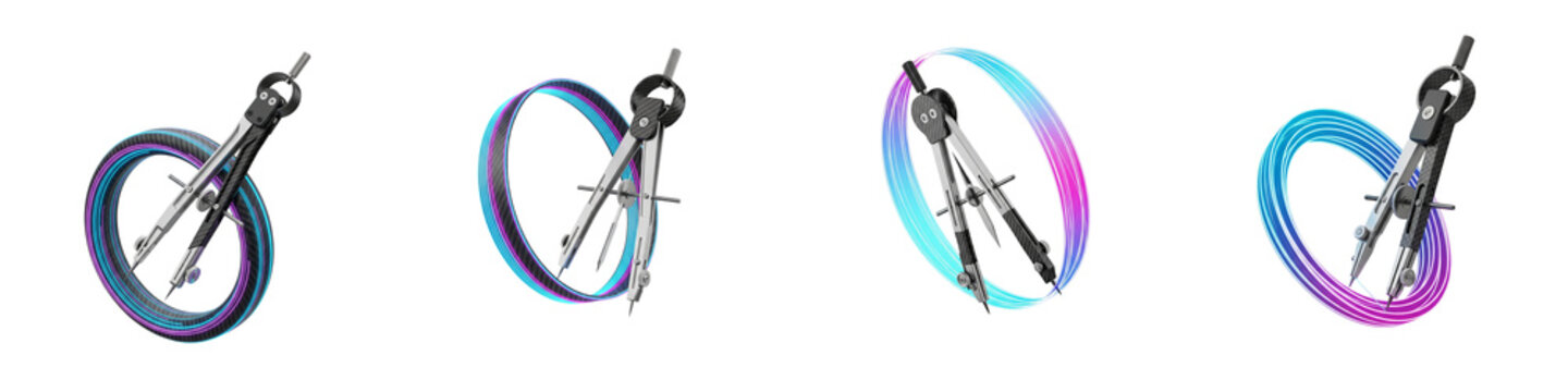 Drafting compasses drawing neon light circles isolated on black background