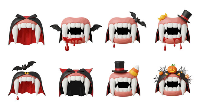 A spooky collection of vampire teeth with various Halloween decorations and accessories on a plain background.