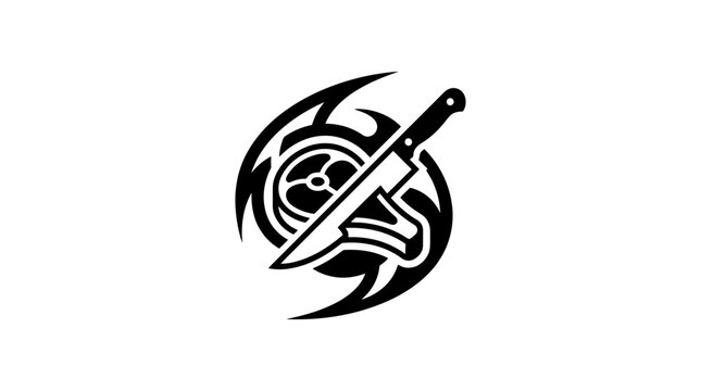 Chef Knife Slicing Steak with Tribal Swirls - Black and White Icon