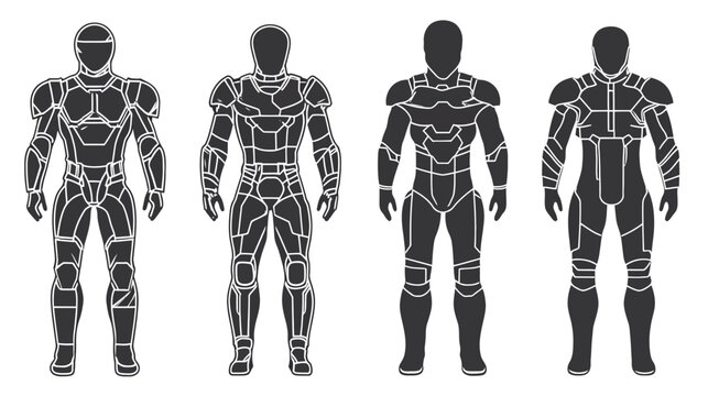 Four silhouettes of human figures in futuristic armor, outlined in white on a white background