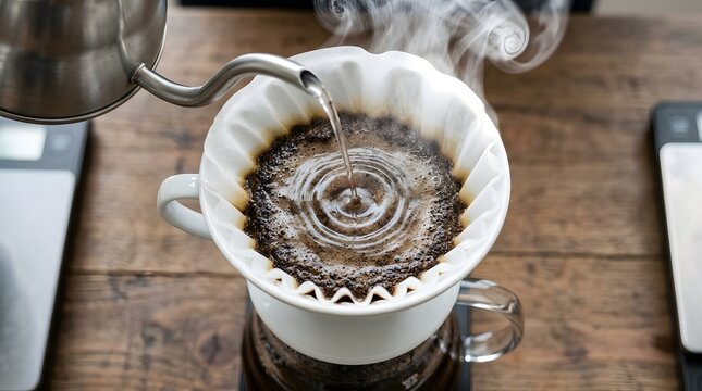 Barista pouring hot water into coffee dripper for pour over brewing with caffeine preparation beverage breakfast technique steaming caffeinated coffeehouse espresso percolator stainless