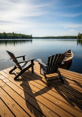 Fototapeta premium Two Adirondack Chairs on a Wooden Dock Overlooking a Peaceful Lake with a Canoe at Sunset