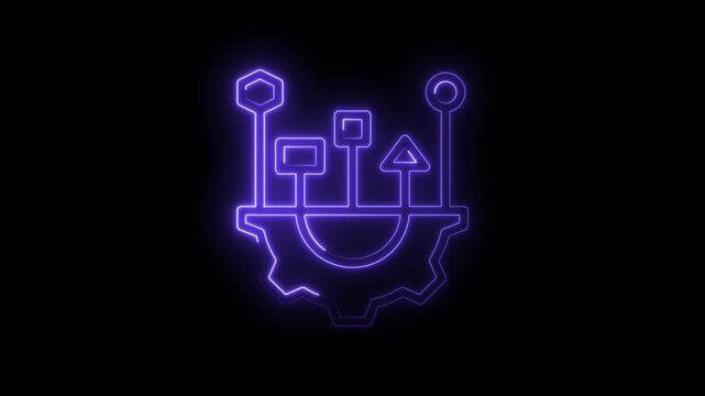 Neon glowing abstract process flow chart with gear and upward arrow representing growth and... icon