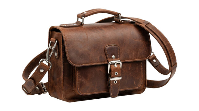 Brown leather messenger bag isolated on transparent background, vintage style satchel for everyday use, travel accessory.