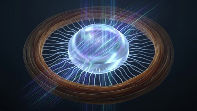 眼球のピント調節における毛様体筋と水晶体の形状変化を描いた医療用抽象CGアニメーション