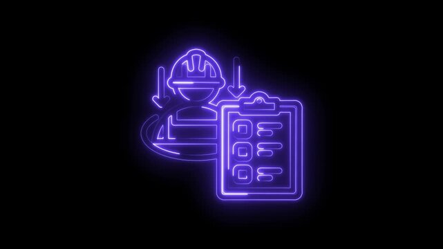 Neon glow construction worker checklist icon animated progress management safety compliance task