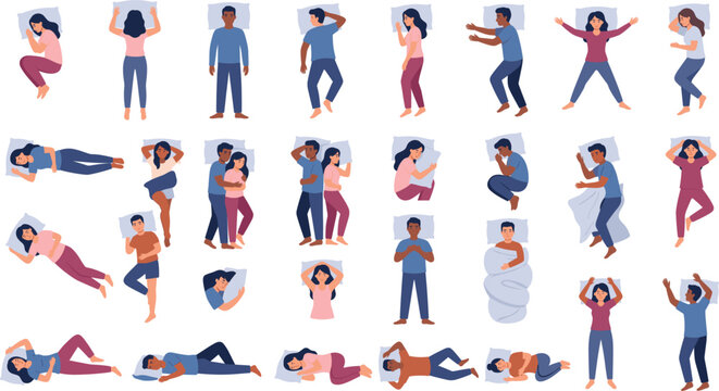 People sleeping in different positions set, couples and single persons bedtime postures illustrations collection vector