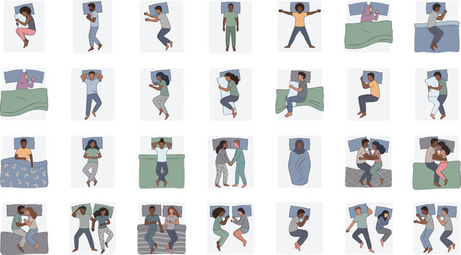 People sleeping in different positions set, couples and single persons bedtime postures illustrations collection vector