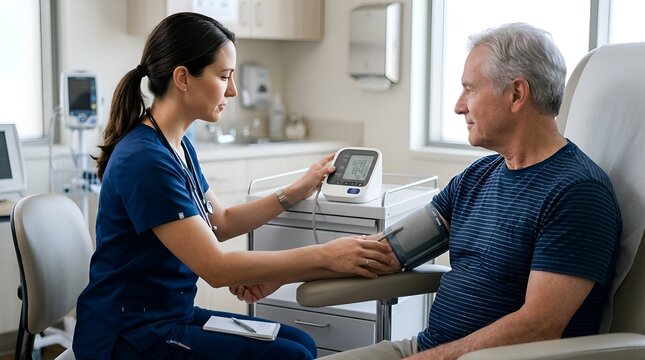 Nurse checks elderly man's blood pressure in medical exam room