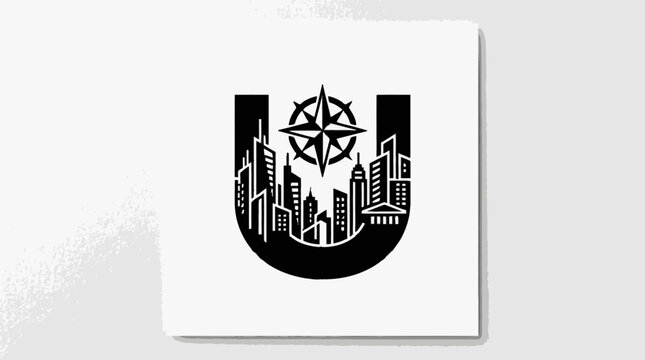 Black and white cityscape logo design.