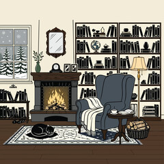 Cozy winter living room with fireplace, armchair, bookshelves and snowy window in warm rustic home interior © SAIF820