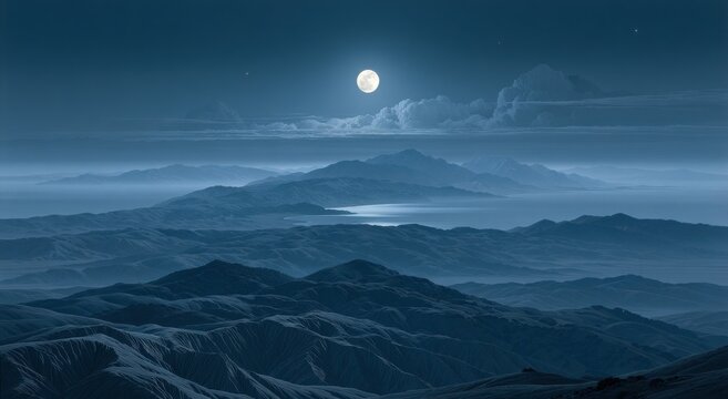 Full moon over layered mountain landscape night with clouds misty valleys. Serene moonlight scenery peaceful dark blue starry sky.