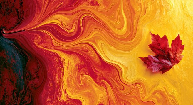 Red maple leaf on abstract fluid art background swirling orange red colors. Autumn season creative concept marbled liquid paint