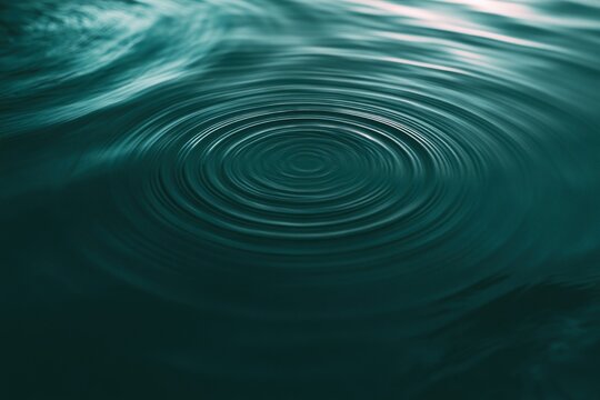 Circular water ripples spreading dark green calm water surface. Peaceful liquid wave pattern concentric circles serene natural