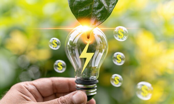 Hand holding eco light bulb green leaf lightning bolt dollar signs. Green energy saving money concept sustainable electricity