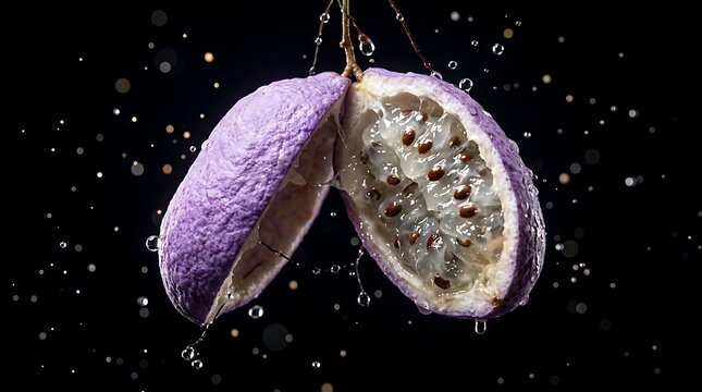 Fresh purple akebia fruit split in half with splashing water droplets on a dark cinematic background