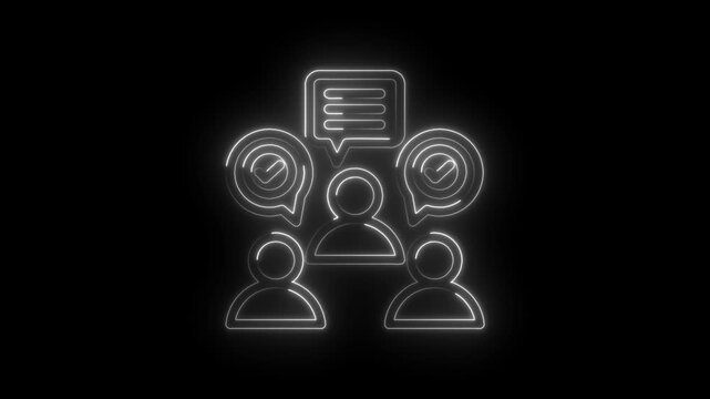 Neon outline of three people in discussion with speech bubbles and checkmarks symbolizing... icon