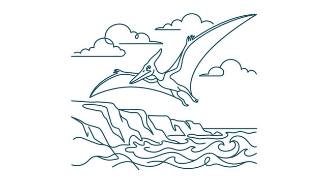 Blue line art illustration of a Pteranodon pterosaur gliding over ocean waves and rocky coastal cliffs under a cloudy sky. Minimalist vector drawing on a plain white background.