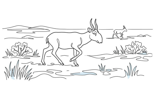 Continuous line art illustration of a Saiga antelope with large horns crossing a frozen steppe landscape with mountains and sparse vegetation in a minimalist vector style.