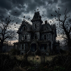 Obraz premium Gothic style mansion surrounded by leafless trees in stormy weather.