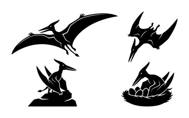 Pterodactyl Silhouette Icons, Prehistoric Flying Reptile Vector Graphics, Ancient Dinosaur Poses Collection, Black and White Wildlife Art ©  Pixel iconsBox