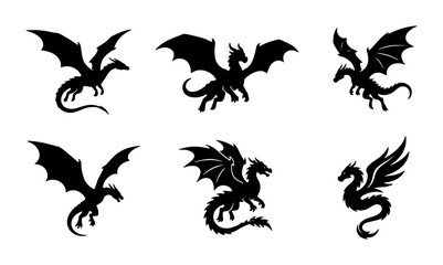 Fototapeta premium Mythical Dragon Silhouettes Set, Fantasy Creature Vector Icons, Dark Winged Beasts Collection for Graphic Design