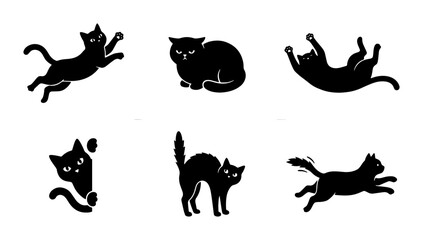 Fototapeta premium Black Cat Silhouettes Vector Set: Playful Feline Poses, Graphic Icons for Pet Lovers and Halloween Designs
