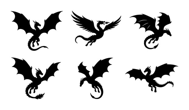 Mythical Dragon Silhouettes, Set of 6 Fantasy Creatures, Black Winged Beasts, Flying Legends, Medieval Lore Icons, Epic Fantasy Art Elements