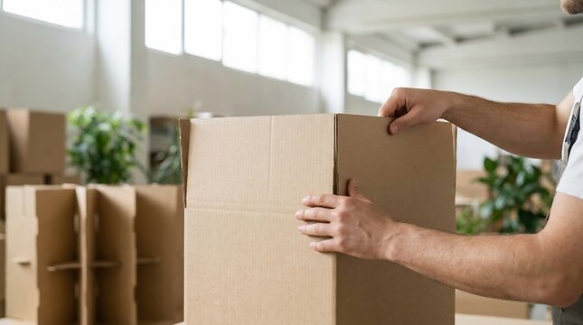 Packing cardboard boxes in warehouse storage area with natural light, hands sealing box, lifestyle and industry environment