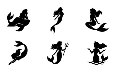 Obraz premium Mermaid Silhouettes Collection, Mythical Sea Creatures Vector Icons, Fantasy Aquatic Female Figures, Enchanting Underwater Characters Set