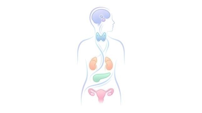 Colorful anatomical illustration of human internal organs and brain.