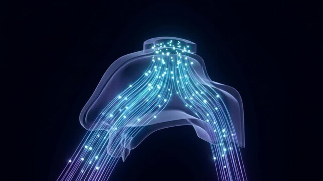 鼻腔の嗅裂における匂い分子の気流トラップと嗅上皮への誘導を描く医療用抽象CGアニメーション