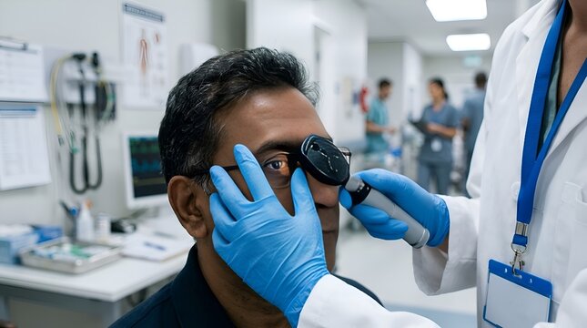 Ophthalmologist examines patient's eye with ophthalmoscope in clinic examination room