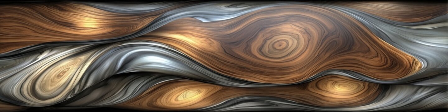 Abstract walnut wood grain with liquid silver and gold resin flow. Luxury fusion of natural timber texture and metallic swirls for high end furniture and creative interior design surfaces.