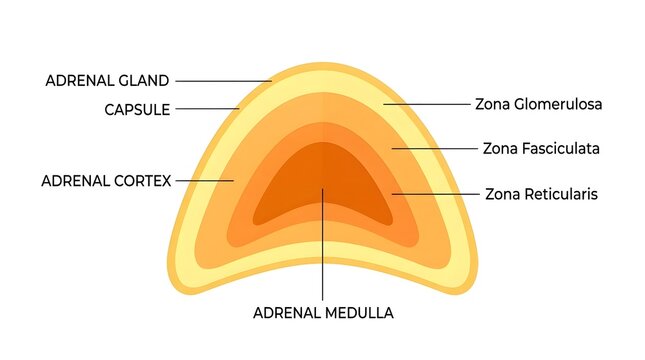 Detailed anatomical diagram of the human adrenal gland zones.