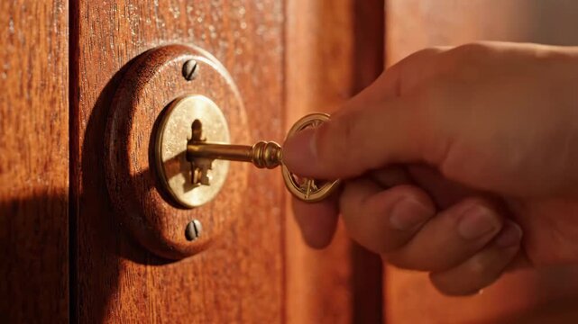 Hand inserting brass key into vintage lock on wooden door with warm light creating calm focused atmosphere symbolizing security access control