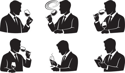 Fototapeta premium Set of six isolated black gradient men tasting and evaluating wine on transparent background.