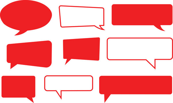 A set of various red speech bubbles and thought balloons in different rectangular and oval shapes isolated on a clean white background surface