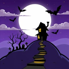 Fototapeta premium A spooky haunted house on a hill under a full moon with bats flying overhead on a dark purple night