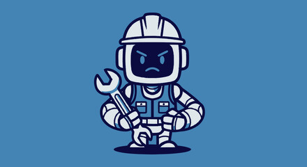 Obraz premium Cartoon Astronaut Mechanic Holding Wrench in Space Suit.