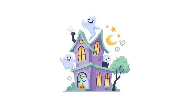 A cartoon haunted house with ghosts and jack o lantern for halloween