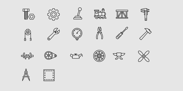 Icon set collection of mechanical engineering tools and construction hardware, including gears, fasteners, wrenches, precision instruments, and heavy machinery components.